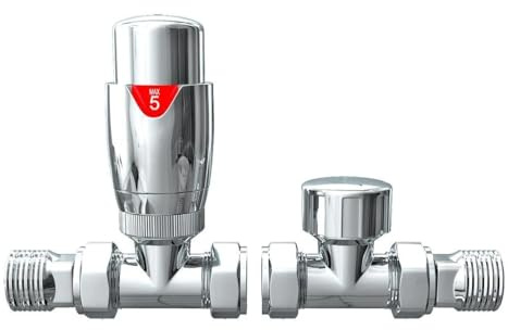 Thermostatic Radiator Valve Set – Straight TRV with Lockshield & Wheel Head – Chrome Finish, Brass Construction – Frost Protection, Easy Fit for Wall Pipe Entry Radiators