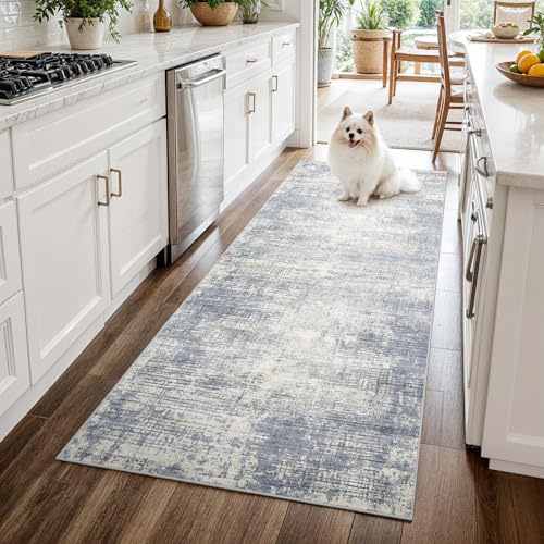 3x6 Kitchen Washable Runner Rug - Non-Slip Hallway Rugs with Rubber Backing Abstract Neutral Low-Pile Carpet Runners for Laundry Room Home Decor Bedroom Bathroom Entryway (Blue Gray,3x6)