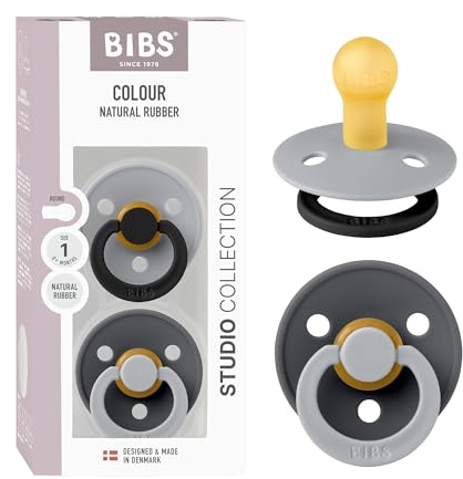 BIBS Colour Studio Schnuller 2er-Pack, BPA-frei, Kirschform Nippel. Naturkautschuk/Latex, Hergestellt in Dänemark, Größe 1 (0-6 Monate) - Cloud/Iron