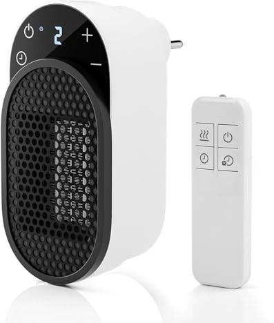 Dreamhigh® Chauffage d'appoint 500 W, Chauffage Soufflant avec Télécommande, Rotation à 90°, Minuterie 1-12 Heures, Écran LED, Chauffage Electrique Economique pour Pièces jusqu’à 25 m³