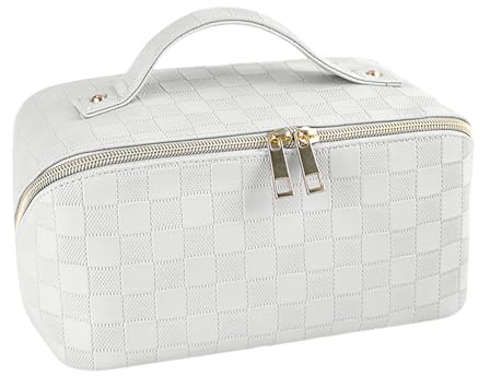 Cosmetic Bag,Travel Makeup Bag, Large Capacity Cosmetic Bags for Women, Waterproof Portable Open Flat Toiletry Bags,Makeup Organizer Bag with Divider and Handle, Cosmetic Pouch Gifts for Women (White)