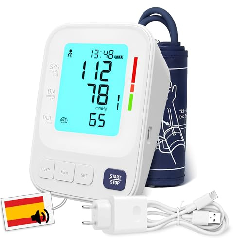 Zelkan Tensiometro de Brazo Digital con VOZ en ESPAÑOL ON/OFF y Cable USB-c (Sin Batería) Medidor Tension Arterial y Frecuencia Cardíaca - Monitor de Presión Arterial con Manguito y Memoria 2x120