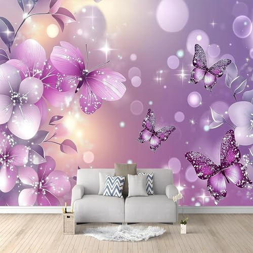 Fotomurale Fiori e Farfalle Viola Carta da Parati Da Sogno 3D Fotomurali In Tessuto Non Tessuto 450x315 Decorazione Parete Camere da Letto Soggiorno Pareti Murale Poster Giganti a-3815