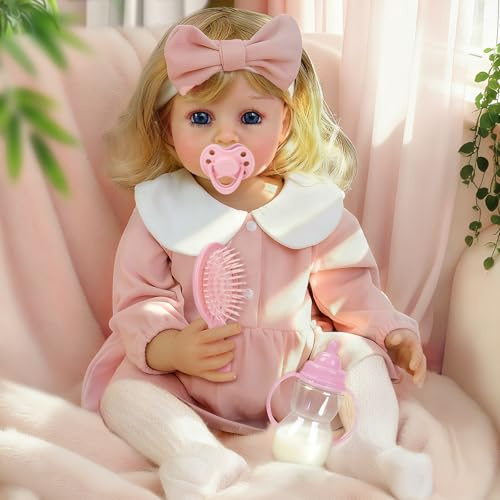 YOOHBERRYS Reborn Baby mit Schwerkraftsensor und Sprachdialog, 55CM Reborn Puppe Mädchen, Lebensechte Babypuppen mit Langen Blonden Haaren, Kleidung & Zubehör für Kinder ab 3 Jahren