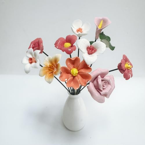 12 Pcs Handmade Ceramic Flowers Decor,Porcelain Flower Plant stakes for Outdoor Plants,Mini Flowers for Crafts Decorative Plant Stakes,Lawn Ornaments Kitchen Bouquet Office Decor (12, White Pink)