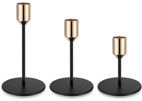 Set of 3 Gold Candlestick Holders for Taper Candles, Metal Tall Taper Black Gold Candle Holders Stands for Home Decor Wedding Party Table Centrepiece Decoration(Cone Style)