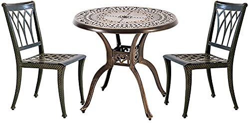 3-delat bistroset i gjutet aluminium – litet runt bord med paraplyhål och stolar – utomhusmöbler för balkong, trädgård och uteplats – antik finish