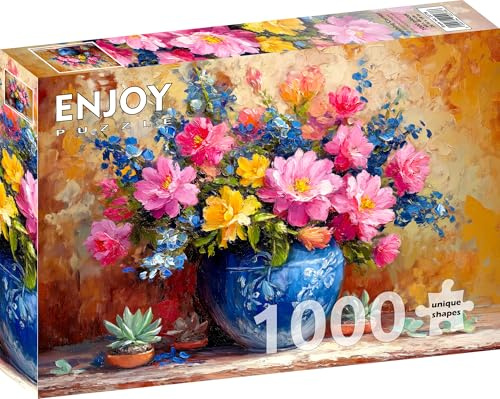 ENJOY Puzzle Bouquet de fleurs roses - Illustration aquarelle succulente - Puzzle de 1000 pièces pour adultes - Finition mate, doux au toucher, facile à assembler, ajustement serré, couleurs vives