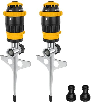 RESTMO 2er-Pack Rasensprenger, Getriebe-Sprinkler & Impulsregner | Metallspike-Basis, 5 Muster, Sprühdurchmesser 15m (180m²/Stk), wetterfest, erweiterbar, für Rasen & Beete, Gelb