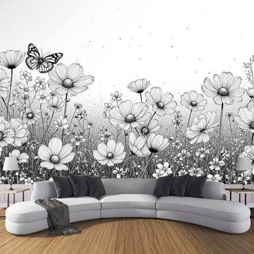 Carta Da Parati Effetto 3D Eleganza Fiori Farfalle 450×315cm, Fotomurali Non Tessuto XXL, Decorazione Poster Arte Murale Pittura Inchiostro Piante per Casa Ufficio Camera Letto Soggiorno