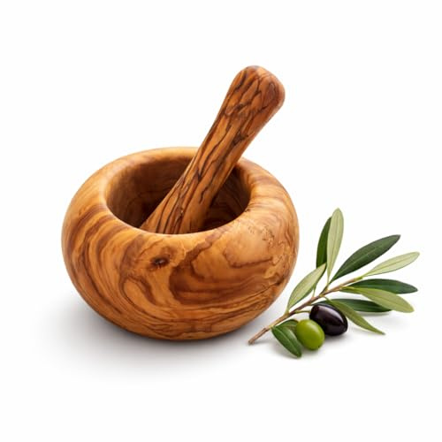 Mortier avec Pilon en Bois d'Olivier Naturel pour Service de Cuisine Épices et Herbes - Fabriqué à la Main - 16 cm
