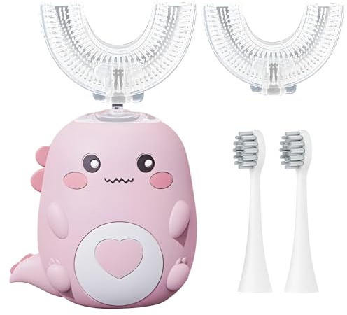 Fiotha Brosse à Dents en Forme de U pour Enfants, 360°Brosse à Dents Électrique avec 2 Têtes de Brosses en Silicone en Forme de U et 2 Têtes de Brosses Standard, Brosse A Dent Enfant 2-12 Ans (Rose)