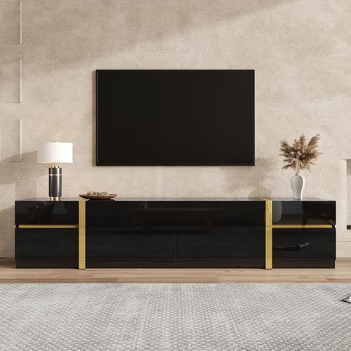 Merax TV-Ständer mit Hochglanz-Finish, TV-Schrank mit goldenen Kanten, Schubladen und Türen, moderner Wohnzimmerschrank, TV-Möbel mit viel Stauraum,Schwarz, 180 L x 40 B x 38H(cm)