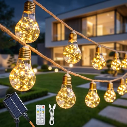 Fohil Guirnaldas Luces Exterior Solar 8M 16 Bombillas Cadena de Luces Solar Impermeable, 8 Modos Vintage Blanco Cálido A60 Bombillas Guirnaldas Solares Exterior Jardín Balcón Boda Fiesta Decoración