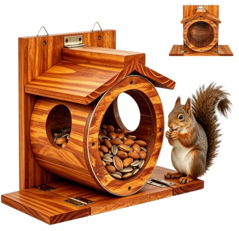 Eichhörnchen Futterhaus aus Holz, Wetterfest Eichhörnchen Haus mit Transparentem Fenster und 2.75 Grosser Oeffnung Wandmontage Robuste Futterstation für Garten Hinterhof Und Aussenbereich