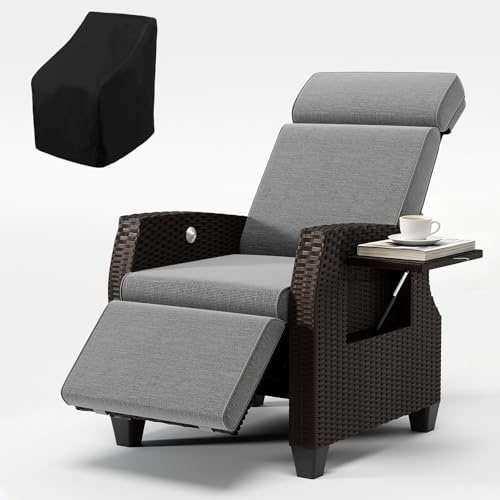 Fiutazge Relaxliege Liegesessel mit Liegefunktion,Relaxsessel mit Verstellbare Rückenlehne und Fußstütze,Gartensessel mit Sitzkissen,Sonnenliege in Rattan für Balkon,Garten,Wohnzimmer,Grau