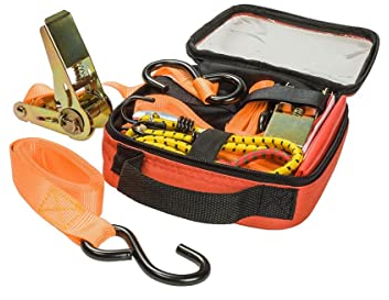 kwb Spanngurte-Set 9-teilig, 2 mit Ratsche und Haken, 2 mit Klemmverschluss, 2 Gepäckspanner, 1 Warnflagge