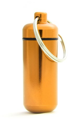Ganzoo Pillen-Box Schlüsselanhänger Mini, robuste Aluminium-Kapsel wasserdicht Gelb/Orange, Schraubverschluss mit Gummidichtung, Höhe 45 mm, Ø17 mm außen, Ø15 mm innen, Schlüsselring Ø25 mm, 10 g
