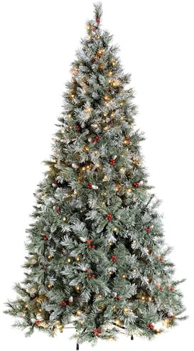 WeRChristmas 5 ft Pre-Lit Scandinavian Blue Spruce Pine Cone and Berry Christmas Tree with 200 Warm White LED Lights/ 8 Setting Controller/ Easy Build Hinged Branches