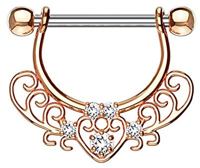 beyoutifulthings FILIGRANES Herz ZIRKONIA Brustwarzen-Piercing Brust-Piercing Intim-Piercing Edelstahl Roségold Clear Stab 1,6mm 12mm