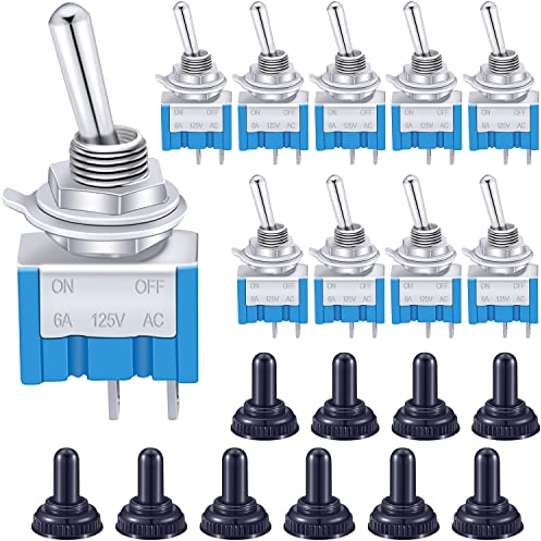 Taiss 10 pezzi Mini Interruttore a levetta ON/Off 2 Posizioni 2 Pin SPST Metallo Interruttore a Bilanciere a levetta 6A 125V AC Blu con Cappuccio Impermeabile per Automobile,casa mts-101-MZ