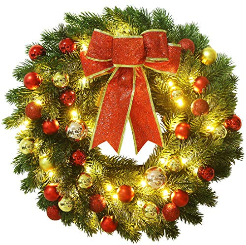 Lulu Home 16 Inch Pre-lit Christmas Wreath with Hook, Battery Operated Christmas Wreath Decorative Christmas Balls Hanging Ornament, Artificial Door Wreath 40 Clear LED Lights