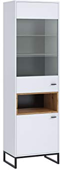 Mirjan24 Vitrine Olier WIT60, Standvitrine, Vitrinenschrank, Stauraumvitrine, Hochschrank, Highboard, Wohnzimmer, Wohnzimmer Schrank (Weiß/Weiß + Eiche Artisan, ohne Beleuchtung)