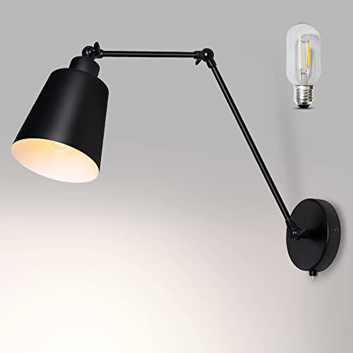 MantoLite Lampade da Parete Braccio Oscillante con Interruttore, 60CM Lampada da Comodino Luce Di Lettura, Nera Opaca Specchio da Camera Illuminazioni per Pareti Lampade Applique (Includi lampadina)