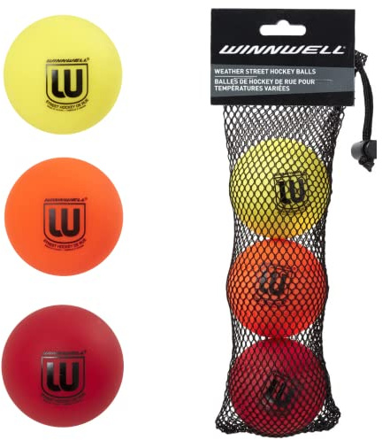 Winnwell Street Hockey Ball (Weather) - 3- Pack, 65mm w/Mesh Bag, Comes in Soft, Medium and Hard Density with Low Bounce for Street, Road, Basement, Driveway Hockey