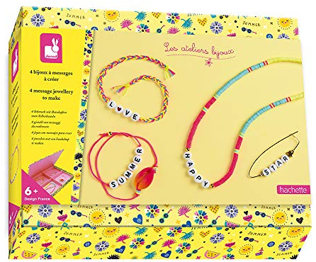 Janod - Estuche 4 Joyas con Mensajes para Crear - Les Ateliers Bijoux - Kit Infantil de Manualidades Creativas - Desarrolla la Motricidad Fina y la Creatividad - A Partir de 6 Años, J07932