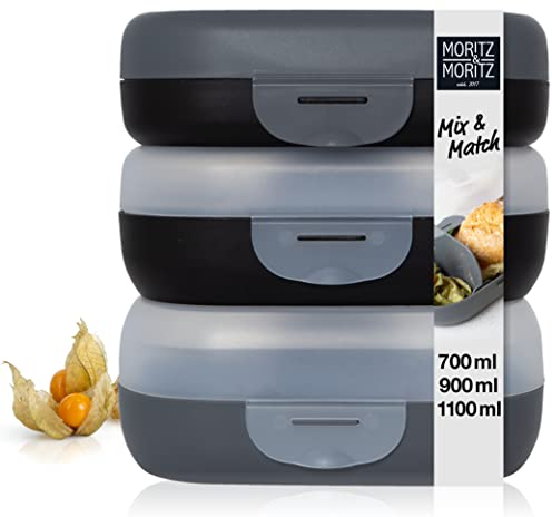 Moritz & Moritz 3 x Kids Lunch Box With Compartments - Sandwich Box - Grey Lunchboxes - Bento Boxes for Children