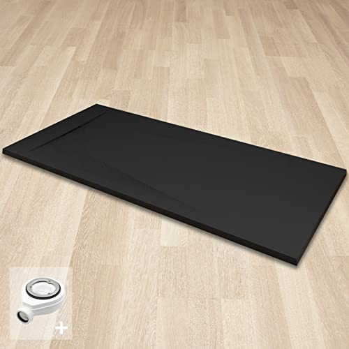 POLAR Receveur de douche noir extra-plat antidérapant texture pierre 90 x 120 cm + bonde