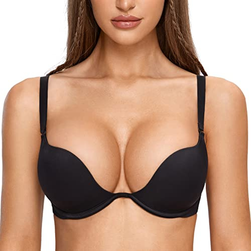 DOBREVA Women's Plunge T-Shirt Bra Deep V Padded Black 36AA