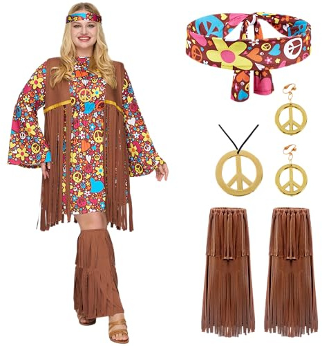 Spooktacular Creations Hippie-Kostümset für Damen, Stirnband, Ohrringe, Kleid, Weste, Socken, Stiefelstulpen, Hippie-Kleidung im 70er-Jahre-Stil für Halloween-Anziehparty, Cosplay - XL