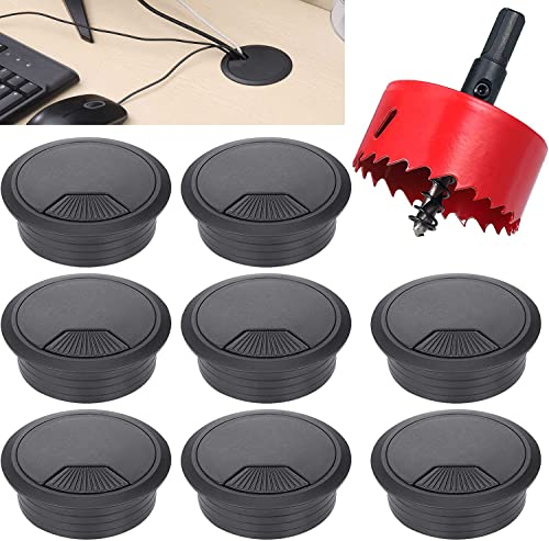 Brateuanoii 8 Piezas 60mm Ojal de Escritorio, Ojal de Plástico para Escritorio Negro, Cable Ojal Escritorio Negro, Con Sierra Perforadora de 60 mm para Escritorio de Hogar y Oficina