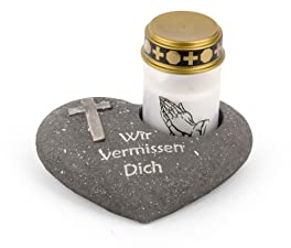 Novaliv Joyas para tumbas con forma de corazón, antracita, con texto en cruz y texto en alemán Wir vermissen Dich incluye luz led para tumbas, color blanco