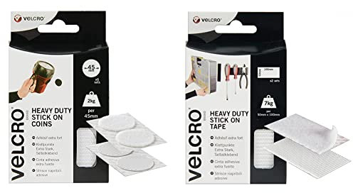 VELCRO® | Heavy Duty Stick On Coins | Industrial Strength Hook & Loop Self Adhesive Sticky Coins & Brand 2pk Heavy Duty White Stick On Strips 50mm x 100mm, Hook and Loop Tape Self Adhesive