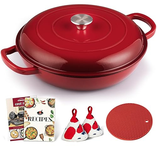 Overmont Red Shallow Cast Iron Casserole With Lid Cookbook & Cotton Potholders – Non Stick Dutch Oven Pot, Oven Safe up to 500° F – Cookware – Enamelled Cooking Pot – 30cm