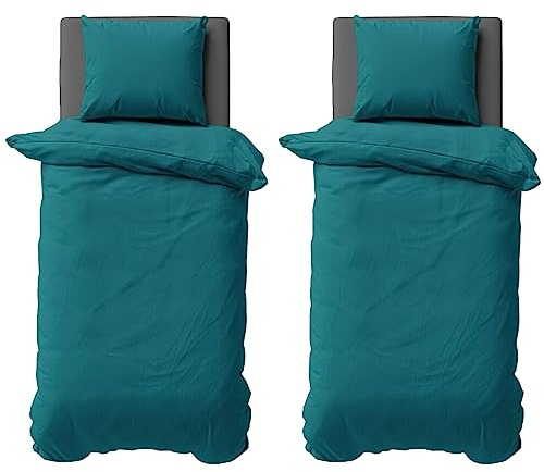 Visaggio Bettwäsche 135x200 cm Mikrofaser Uni Einfarbig 4 teilige Bettbezug Set mit Reißverschluss Petrol