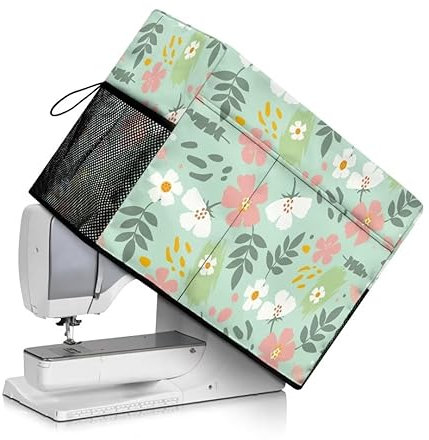 Jeiento Nähmaschinen-Abdeckstoff mit Taschen für zusätzliches Zubehör, Nähwerkzeug-Organizer mit Griff, kleine Maschinenabdeckung, passend für verschiedene Marken, Rosa Blumen Weiß Blumen, Beauty Case