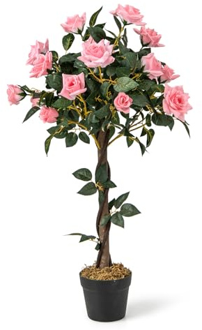 GIANTEX Planta de Maceta con Rosas Artificial, Árbol de Flores Realista con Tronco de Madera y Maceta de Cemento, Libre de Mantenimiento, para Decoración de Casa y Oficina