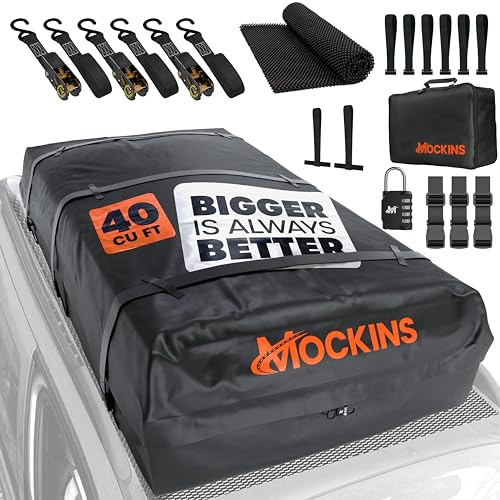 Mockins 72x48x20 XXL Roof Cargo Bag for Top of Car, Truck, & SUV | 40 CuFt Weatherproof Car Topper Luggage Carrier Waterproof Bag | Soft-Shell Vinyl Car Rooftop Cargo Carrier Bag w/Accessories