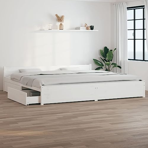 KOIECETA Bett mit Schubladen Holzbett Massivholzbett Bettrahmen Bettgestell Doppelbett Schlafzimmerbett Schlafzimmermöbel (Weiß, 180 x 200 cm)