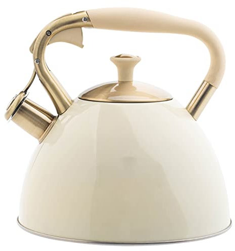 Bouilloire sifflante rétro de 3 L, bouilloire à thé en acier inoxydable à gaz à induction blanche avec poignée, bouilloire à fond plat, bouilloire à thé adaptée à toutes les cuisinières, y compris