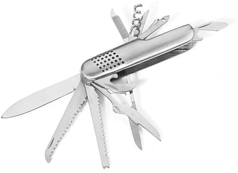 Couteau multifonction avec 11 outils en acier inoxydable pour chasse, pêche, camping, etc. Petit couteau porte-clés pliable de poche avec fonctions pour expériences et aventures (métal)