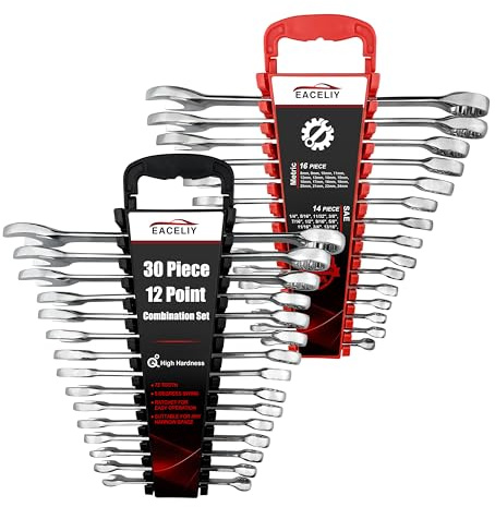EACELIY 30-teiliges Ringmaulschlüssel-Set, Kombi-Schraubenschlüssel-Sets, 12-kant, metrisch und SAE, 8–22 mm, 1/4-1 Zoll, CR-V-Stahl