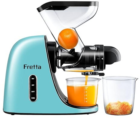 Fretta Licuadora prensado en frío-Extractor de zumos y verduras-Gran canal de alimentación para facilitar su uso-slow juicer machine-100% libre de BPA,Limpieza fácil(con cepillo)（azul claro）