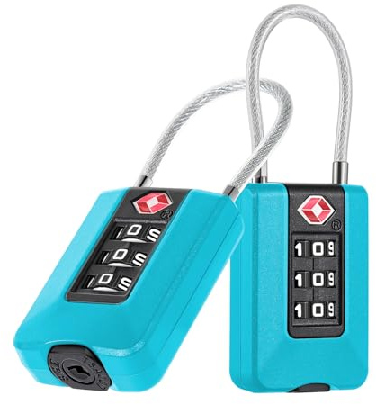 ZHEGE Luggage Locks, Suitcase Padlocks Combination (2P, Blue) | White Code Bag Lock with Flexible Cable, Backpack Lock, 3 Digit Luggage Padlocks for Suitcases, Toolbox, Gym Locker