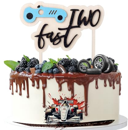 PEUTIER Tortenaufsatz 'Two Fast' zum Geburtstag, Rennauto-Motiv, 16x16 cm, 1 Stück, 2 Teile, Bunt