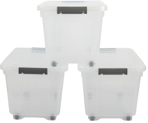 Jolie Max 16L Storage Boxes with Wheels, Durable Plastic Storage Containers with Lids, Stackable & Nestable Design with Side Latching Buckles, Transparent – 38.5 x 28 x 26 cm (3)